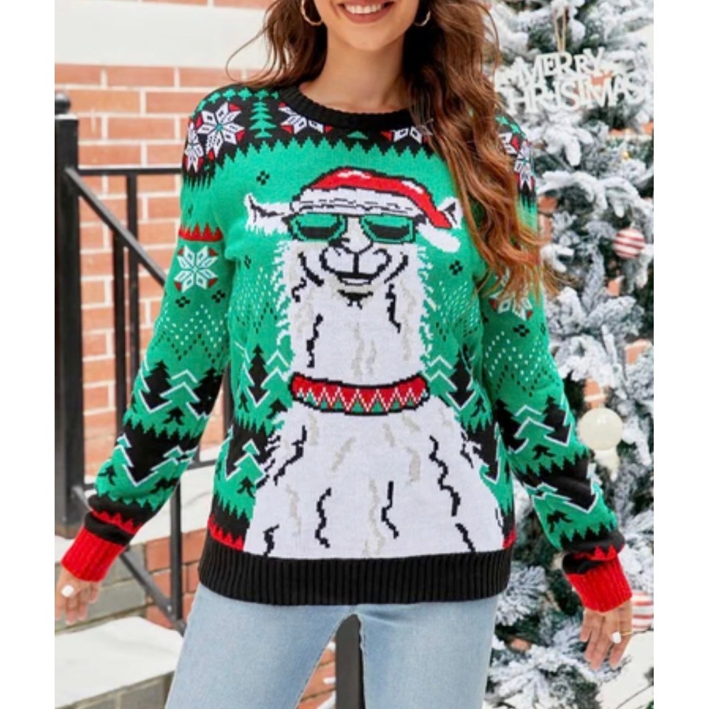 NWT Christmas Sweater Green Llama Sunglasses 3D Pom Pom Santa Hat‎ Small